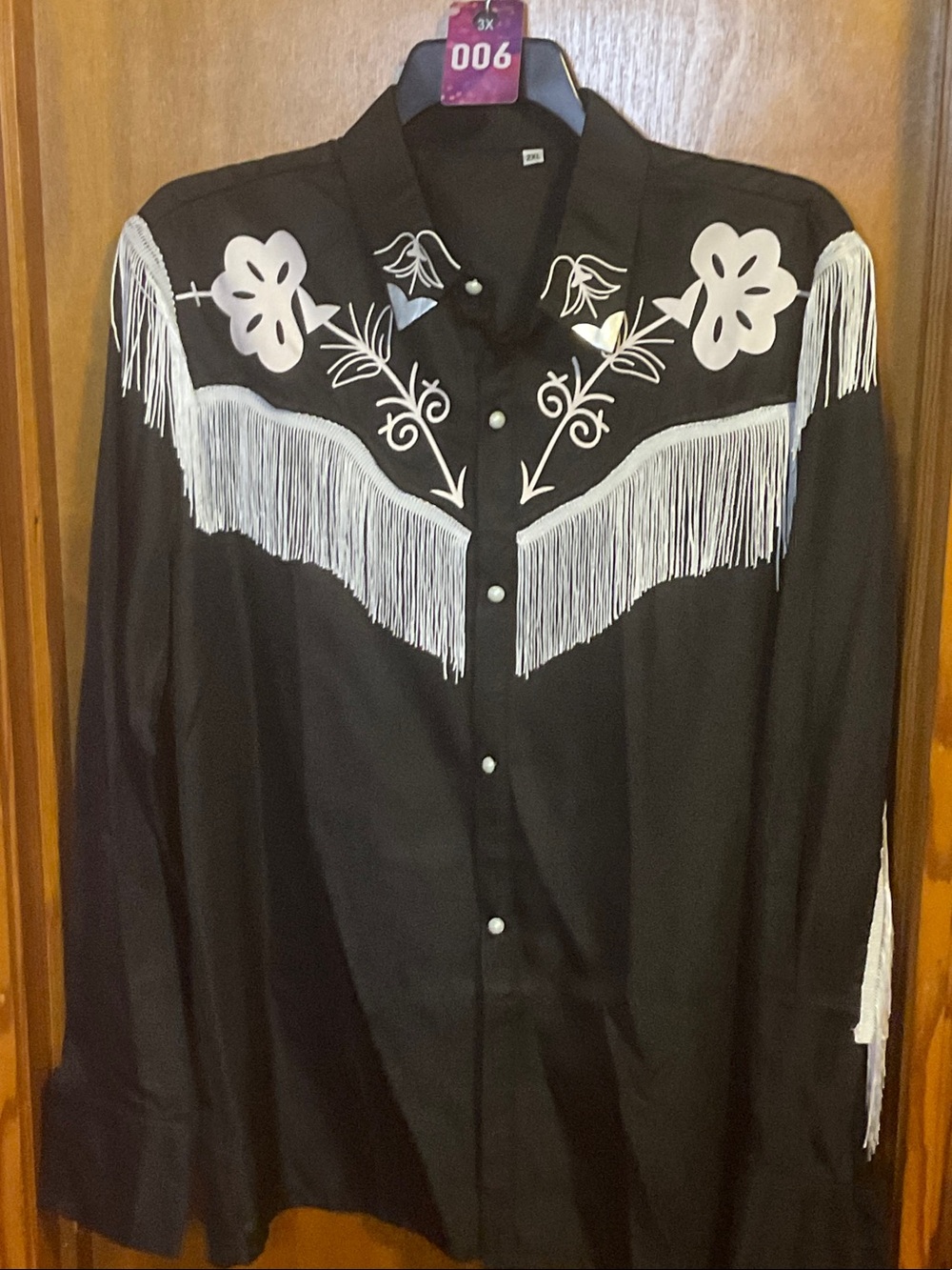Black Fringe Western-Style Snap Blouse with White Floral Detail